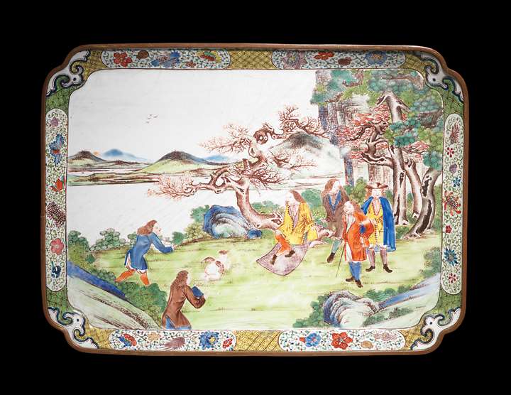 Chinese painted enamel on copper European subject tray, canton imperial workshop
